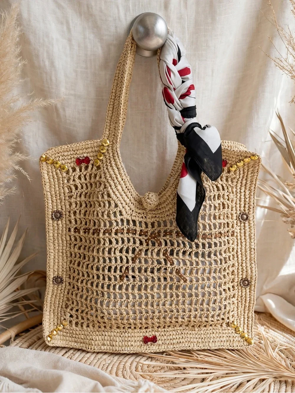 H&M Natural Woven Tote with Black, White & Red Scarf
